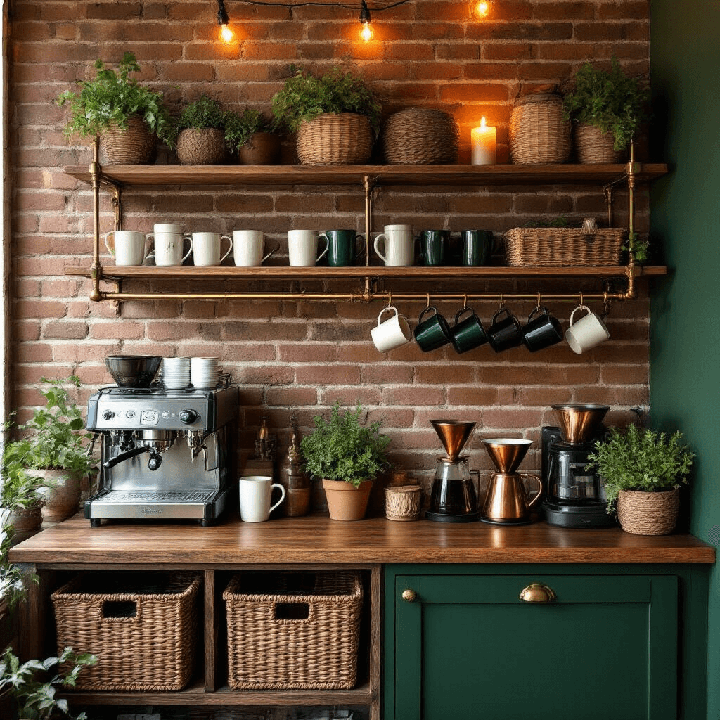 Creating the Perfect Corner Coffee Bar: My Journey from Cluttered Chaos to Morning Bliss A cozy corner coffee bar featuring an exposed brick wall, emerald green accent, reclaimed wood shelves, vintage brass mug rack, copper pour-over equipment, and small potted herbs, all illuminated by soft candlelight and fairy lights, evoking a warm, intimate ambiance.