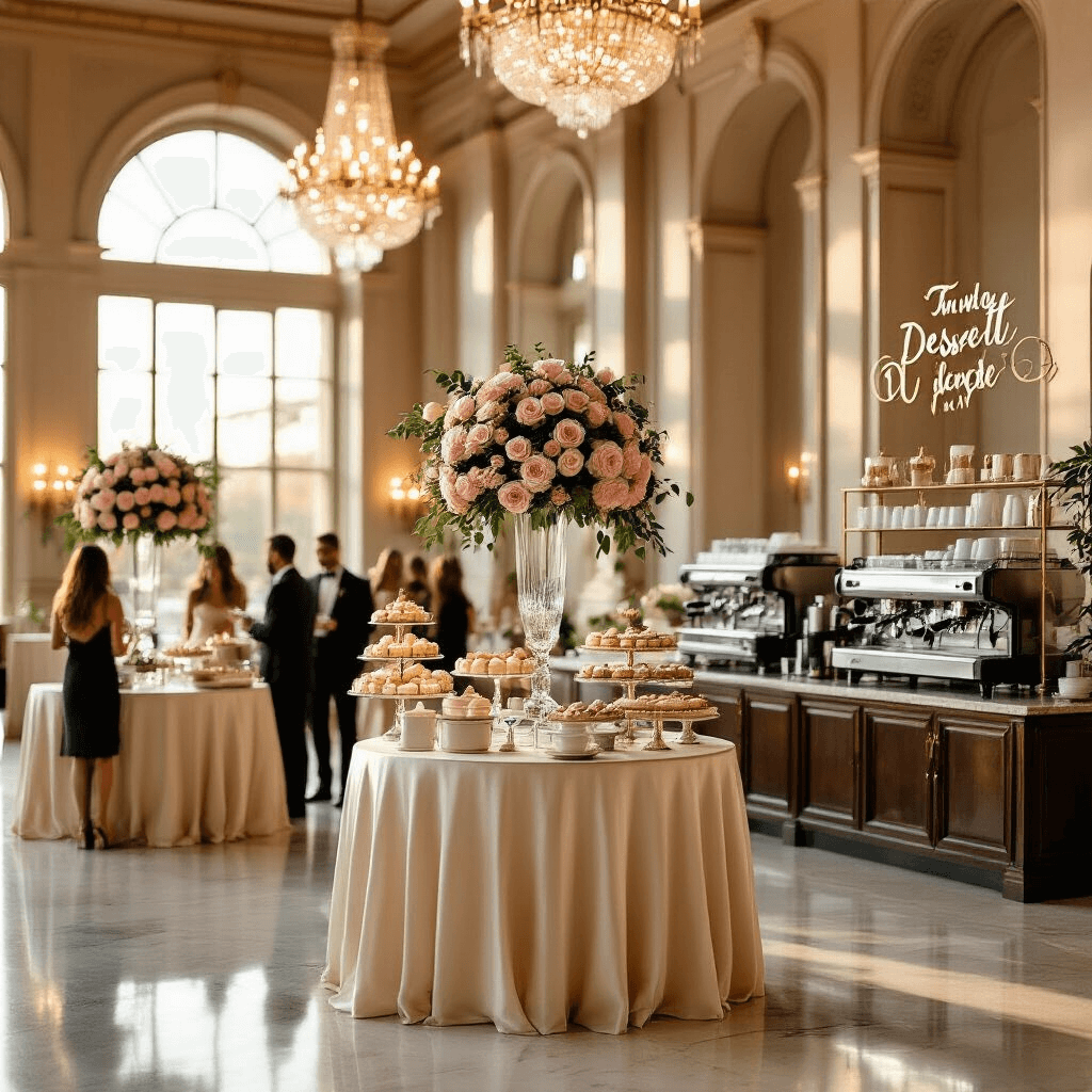 Why Won't My Keurig Work? I Fixed Mine in 10 Minutes (And You Can Too) Elegant indoor ballroom during golden hour featuring a luxurious coffee and dessert reception, with round tables draped in cream silk linens, towering centerpieces of blush pink roses, a sophisticated coffee bar, and guests mingling in formal attire.