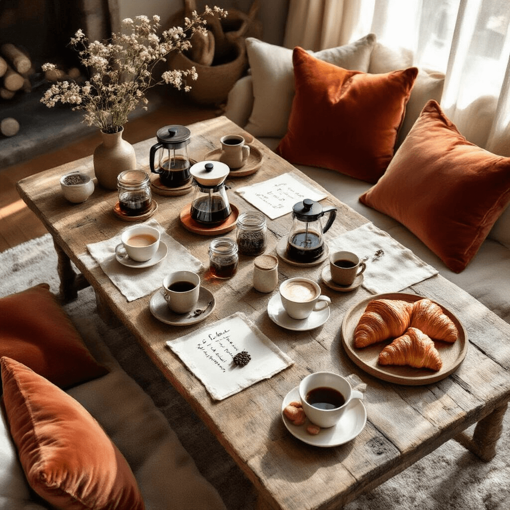 Why Won't My Keurig Work? I Fixed Mine in 10 Minutes (And You Can Too) Overhead view of a cozy living room coffee tasting setup, featuring French press, pour-over coffee equipment, vintage espresso cups, tasting notes, coffee beans, croissants, and velvet cushions, all bathed in soft morning light.