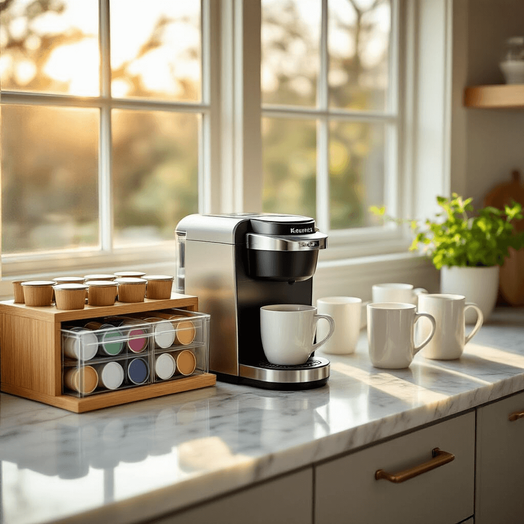 Transform Your Kitchen with a Keurig Coffee Station That Actually Works A beautifully organized modern kitchen coffee station at golden hour, featuring a stainless steel Keurig, marble countertop, bamboo pod organizers, color-coded K-Cups in clear acrylic drawers, minimalist white mugs, and a potted herb, all captured from an overhead angle with soft natural light and shadows.