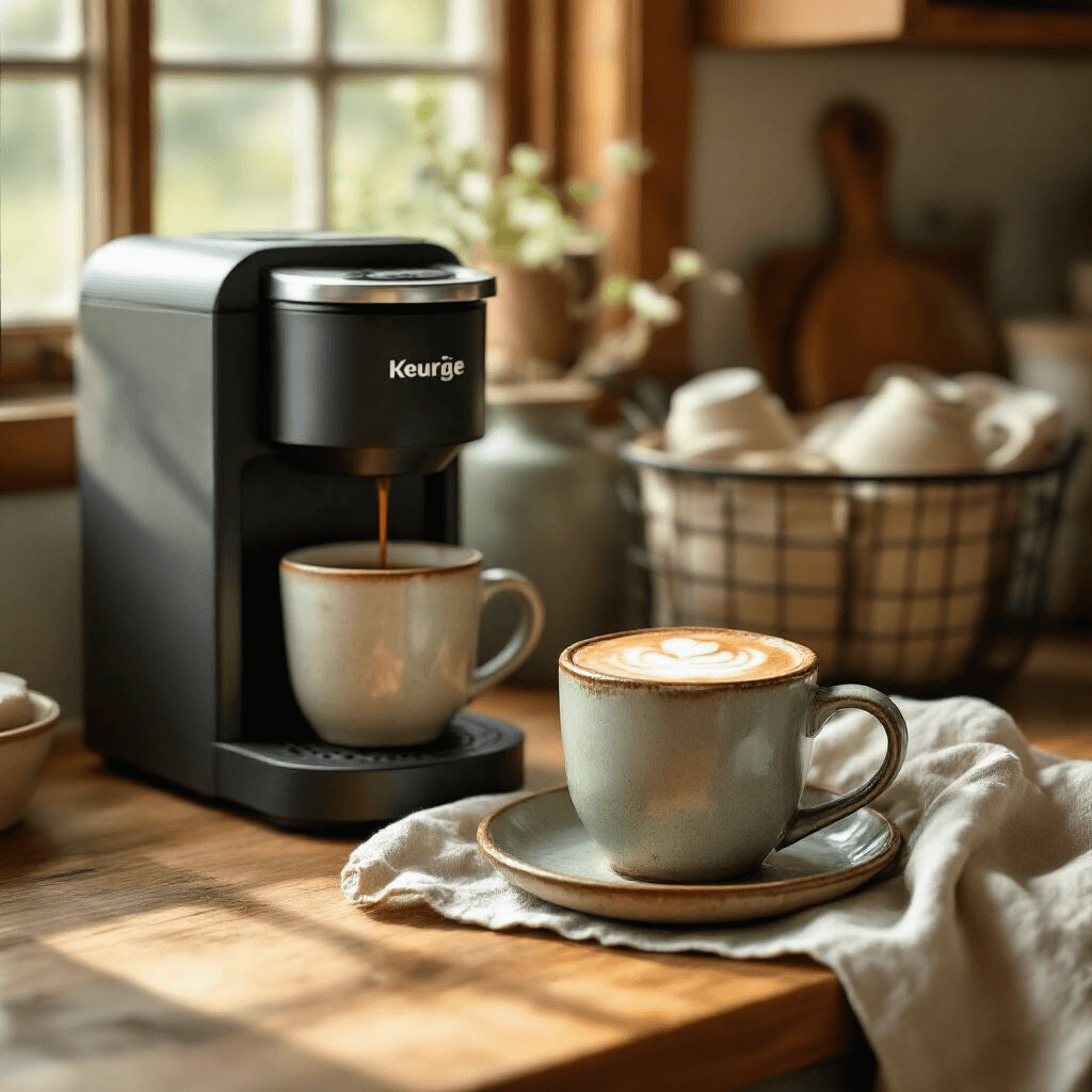 Transform Your Kitchen with a Keurig Coffee Station That Actually Works Close-up of a rustic farmhouse kitchen scene with a vintage Keurig K-Café, wooden countertops, a hand-thrown ceramic mug filled with cappuccino, and textured natural materials, bathed in soft morning sunlight.