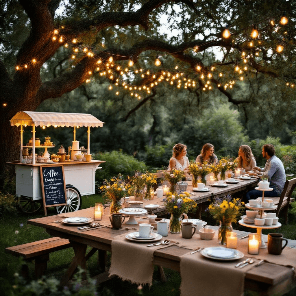 Why Won't My Keurig Work? I Fixed Mine in 10 Minutes (And You Can Too) A whimsical garden coffee party featuring long wooden tables adorned with vintage china, mason jar wildflower centerpieces, and string lights hanging from oak trees, set in a warm golden glow with guests enjoying specialty drinks and desserts.