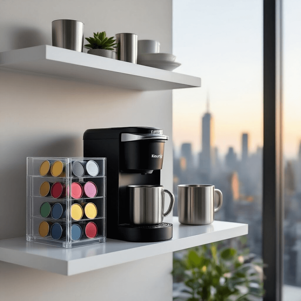 Transform Your Kitchen with a Keurig Coffee Station That Actually Works A modern coffee station featuring a matte black Keurig K-Express Essentials machine on a white floating shelf, with a clear acrylic K-Cup organizer, minimalist stainless steel accessories, and an urban skyline seen through floor-to-ceiling windows bathed in soft morning light.