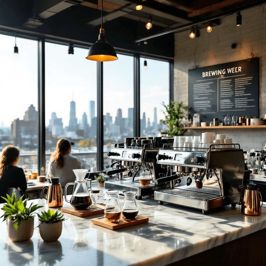 Why Won't My Keurig Work? I Fixed Mine in 10 Minutes (And You Can Too) Close-up of a modern rooftop coffee brewing workshop with marble countertops, professional equipment, and high-top tables featuring copper tools and tasting cups, illuminated by natural light and city skyline views.