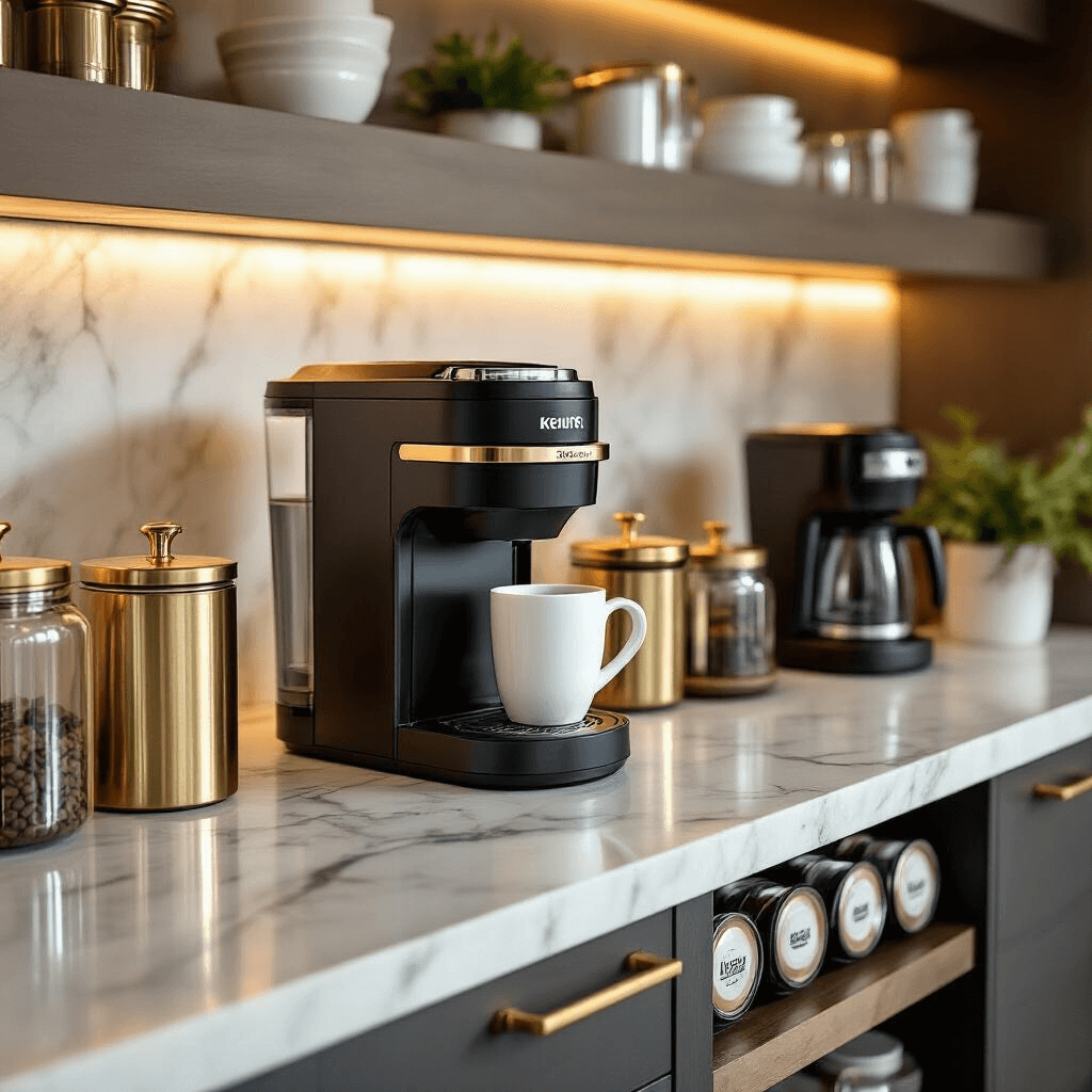 Transform Your Kitchen with a Keurig Coffee Station That Actually Works Luxurious contemporary kitchen coffee bar featuring a premium Keurig Barista Bar with milk frother, elegant marble countertop, brushed gold accessories, transparent pod organizers, glass canisters, and soft ambient lighting, all styled for a sophisticated look.