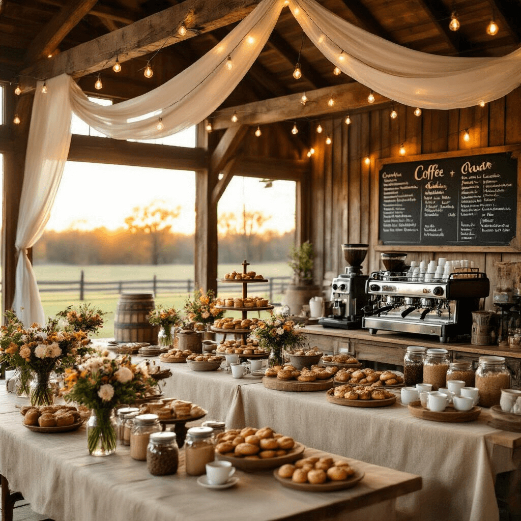 Why Won't My Keurig Work? I Fixed Mine in 10 Minutes (And You Can Too) A rustic barn celebration featuring coffee and pastries, with wooden beams draped in white fabric and string lights, long tables adorned with burlap runners, mason jar centerpieces, and an antique espresso machine, all illuminated by golden hour light for a cozy atmosphere.