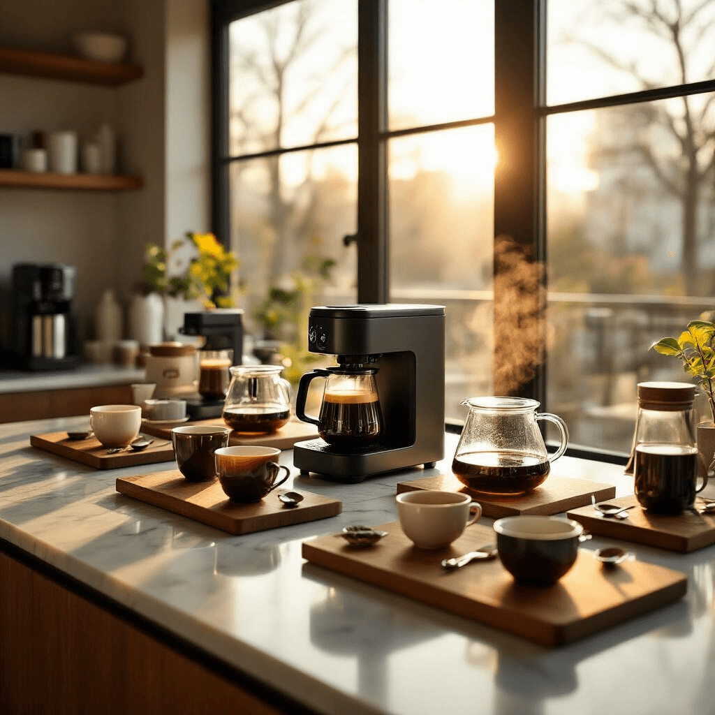 Fellow Aiden Review: Does This $365 Coffee Maker Actually Brew Café-Quality Coffee at Home? Cinematic wide-angle shot of a stylish kitchen coffee tasting setup featuring a Fellow Aiden coffee maker, cupping bowls, and freshly roasted coffee beans, all illuminated by soft golden hour sunlight.