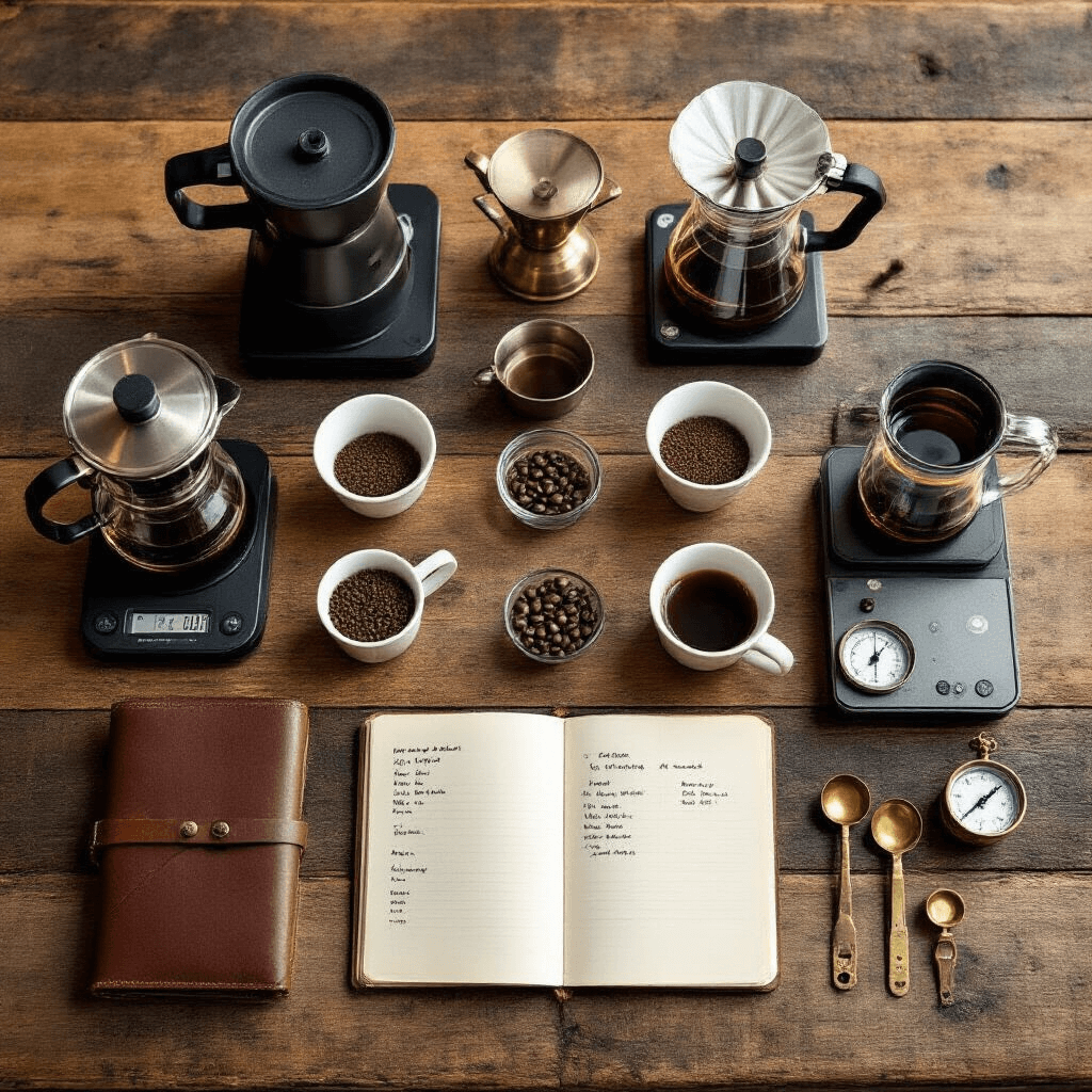 Fellow Aiden Review: Does This $365 Coffee Maker Actually Brew Café-Quality Coffee at Home? Overhead flat lay of a coffee comparison testing scene on a rustic wood table, featuring various brewing methods like a Fellow Aiden machine and pour-over setups, with coffee beans, scales, timers, and white ceramic cups, all arranged symmetrically in warm light.