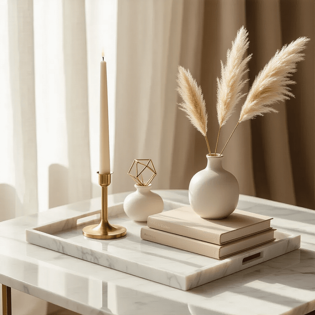 Why Your Coffee Table Tray Looks Cluttered (And How I Fixed Mine) A stylish marble coffee table tray arranged with a tall brass pillar candle, stacked art books in neutral tones, a small white ceramic vase with pampas grass, and a minimalist brass sculpture, all bathed in soft morning light through sheer linen curtains.