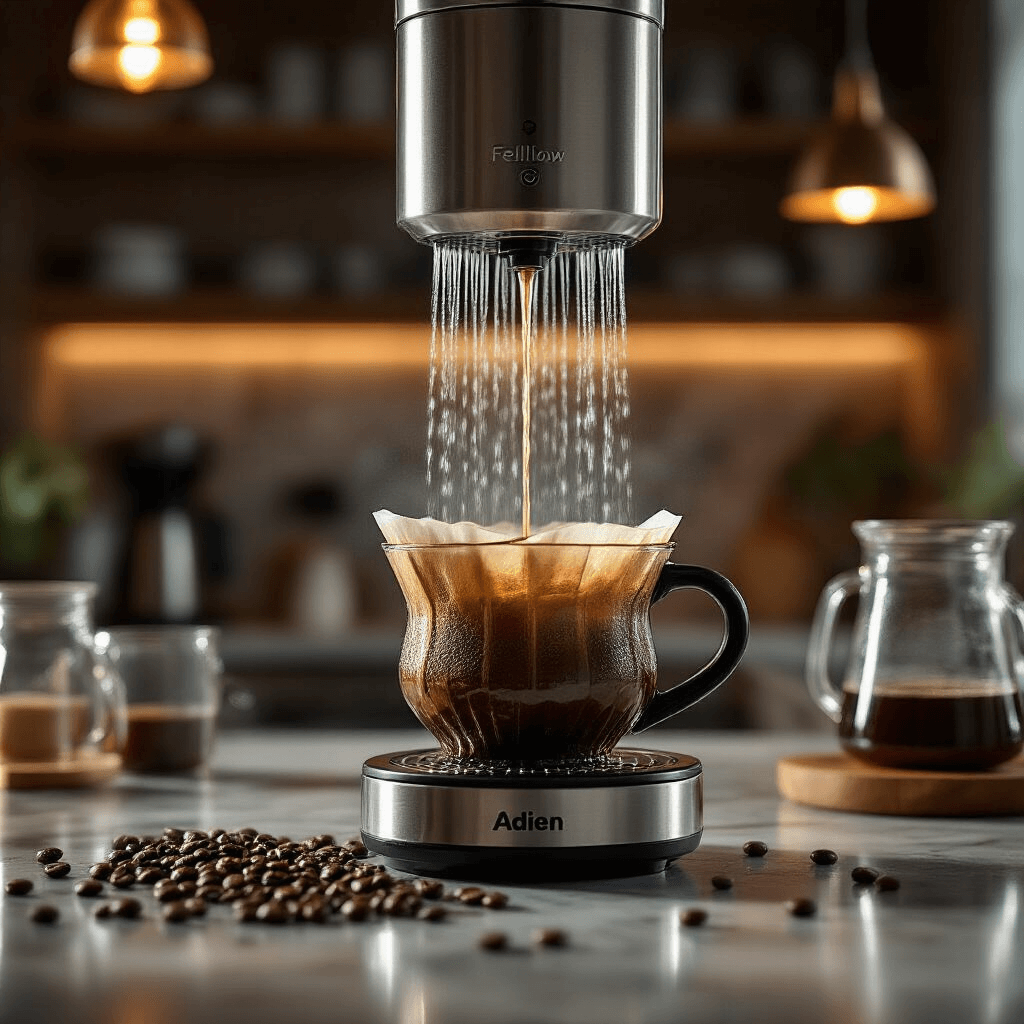 Fellow Aiden Review: Does This $365 Coffee Maker Actually Brew Café-Quality Coffee at Home? Close-up of Fellow Aiden's dual shower head coffee brewing system, featuring dramatic side lighting that highlights cascading water over coffee grounds, steam rising amidst a modern kitchen backdrop with marble surfaces and brushed steel appliances.