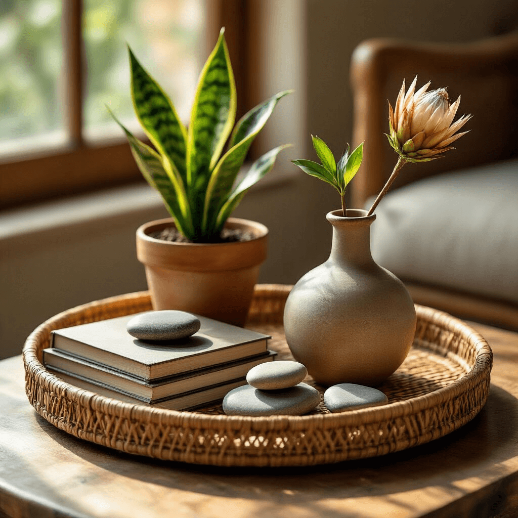 Why Your Coffee Table Tray Looks Cluttered (And How I Fixed Mine) A cozy coffee table scene featuring a wooden tray with rattan edges, a potted snake plant, travel photography books, smooth river stones, and a ceramic bud vase with a dried protea stem, all illuminated by warm golden hour sunlight.
