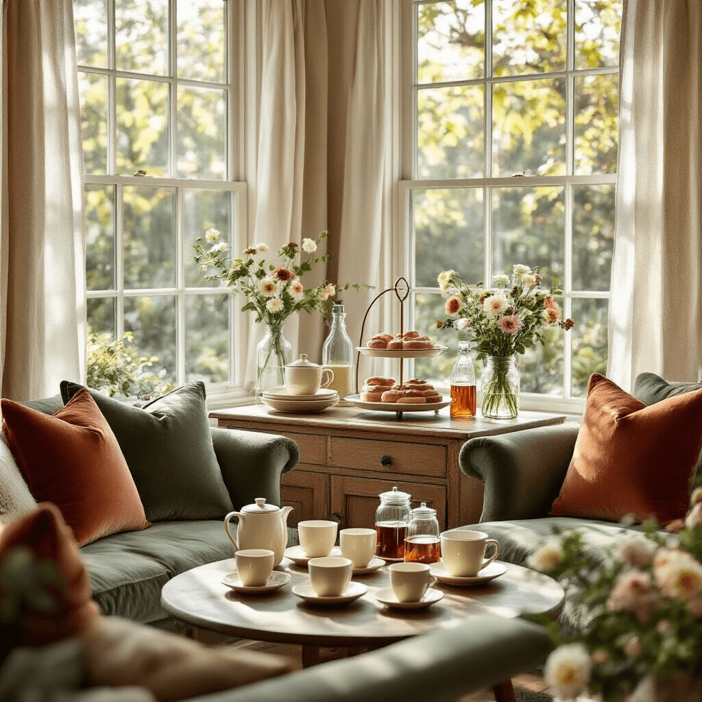 Fellow Aiden Review: Does This $365 Coffee Maker Actually Brew Café-Quality Coffee at Home? A cozy coffee service setup in a sun-drenched living room featuring a Fellow Aiden brewer on a vintage sideboard, surrounded by elegant ceramic cups, pastries on a three-tiered stand, flavored syrups, and fresh flowers in mason jars, complemented by plush seating in sage green and terracotta, with natural light filtering through sheer curtains.