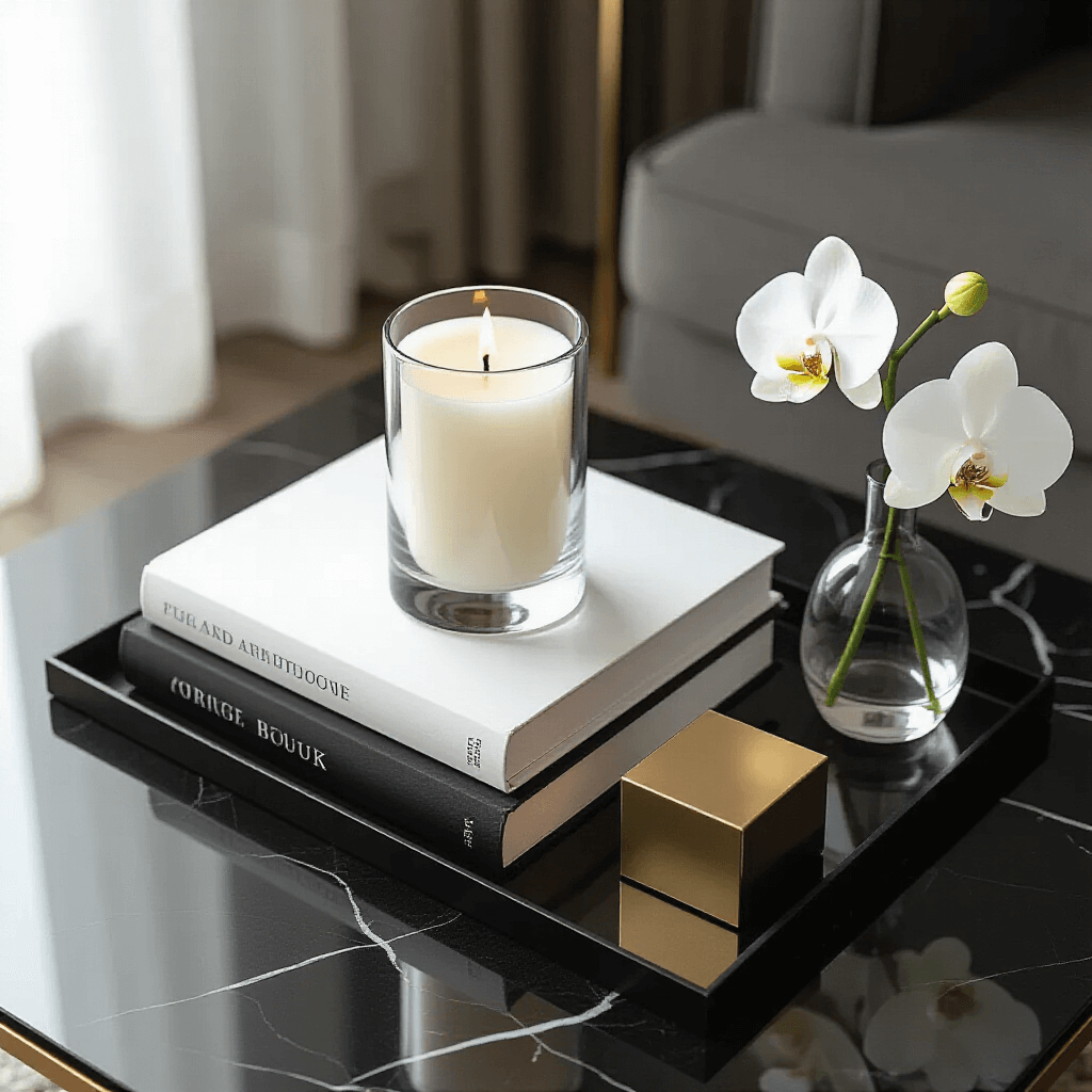 Why Your Coffee Table Tray Looks Cluttered (And How I Fixed Mine) A modern minimalist coffee table tray setup on a black marble surface, featuring a tall glass candle holder with a white pillar candle, oversized monochromatic art books, a small brass decorative box, and a delicate white orchid in a thin vase, all arranged in a geometric composition with soft daylight.