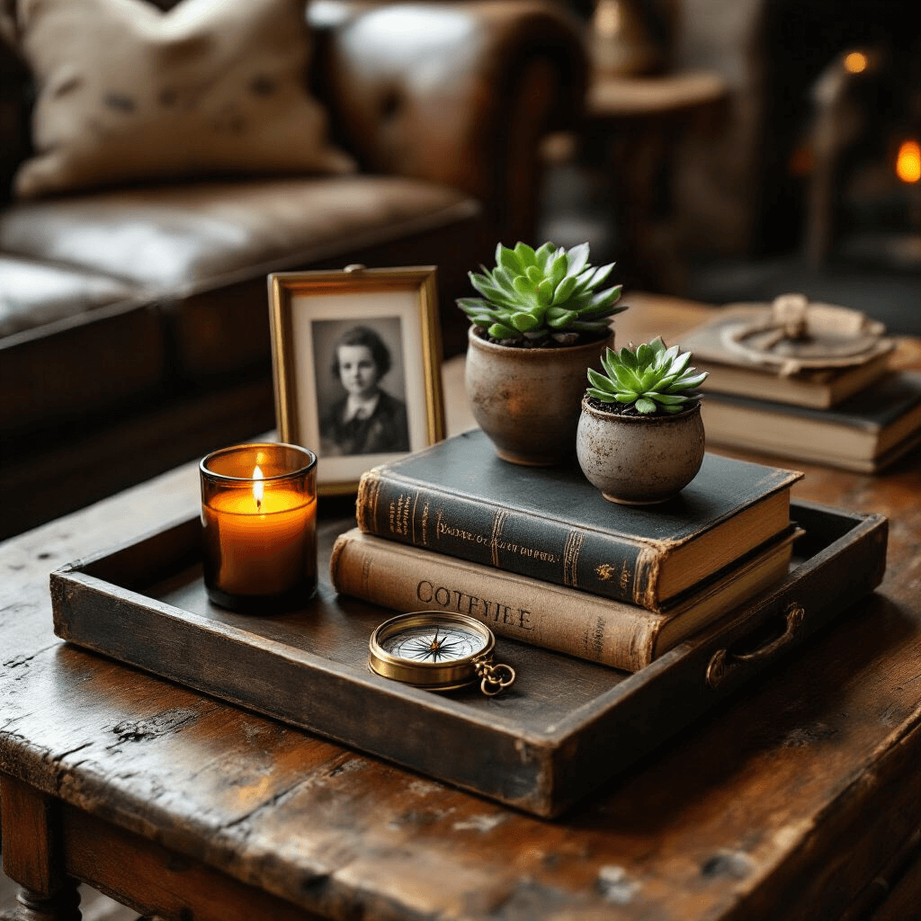Why Your Coffee Table Tray Looks Cluttered (And How I Fixed Mine) A cozy coffee table tray featuring stacked travel books topped with a black and white family photo, a vintage brass compass, a small potted succulent in a handmade ceramic planter, and a partially burned candle in a smoky glass holder, all set on a warm vintage wooden surface illuminated by soft evening light.