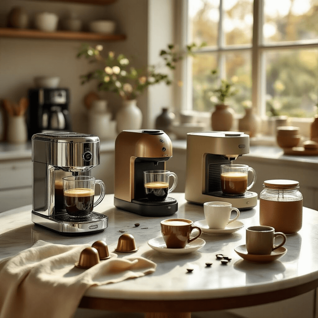 The Ultimate Pod Coffee Machine Guide: Which One Actually Lives Up to the Hype? A cozy modern kitchen with soft morning light showcasing a marble countertop coffee tasting station, featuring five stylish coffee machines, assorted coffee pods, white tasting cups with espresso, handwritten notes, glass jars of coffee beans, and eucalyptus in a vase, captured at a 45-degree angle with shallow depth of field.
