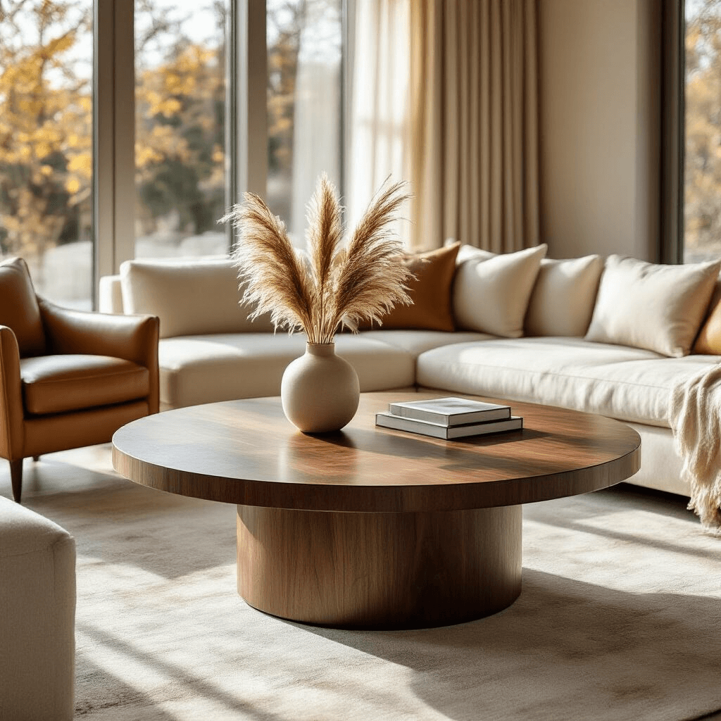 The Round Wood Coffee Table That Changed My Living Room (And Why It Might Change Yours Too) A luxurious living room featuring a walnut round coffee table with wood grain details, surrounded by a cream linen sectional sofa and leather armchairs, illuminated by golden afternoon light through floor-to-ceiling windows, enhanced by minimalist decor with a vase of pampas grass and a coffee table book.