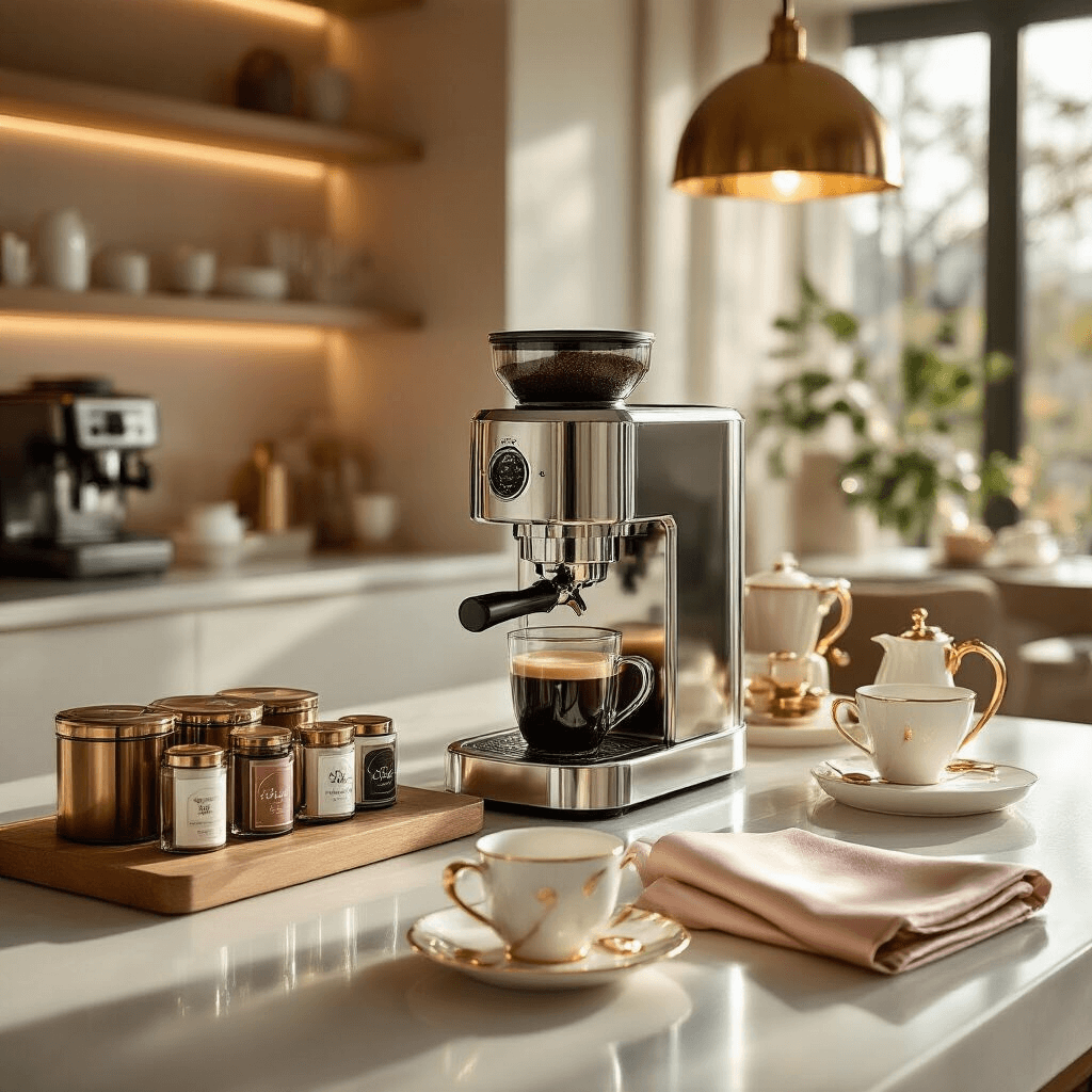 The Ultimate Pod Coffee Machine Guide: Which One Actually Lives Up to the Hype? Luxurious apartment kitchen during golden hour featuring a sleek chrome Grind Two coffee machine on a glossy white countertop, surrounded by an elegant coffee service with specialty pods, fine bone china espresso cups, a marble tray with gold handles, and soft blush pink and cream silk napkins, all enhanced by warm natural and pendant lighting.