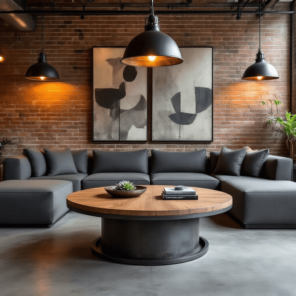 The Round Wood Coffee Table That Changed My Living Room (And Why It Might Change Yours Too) An industrial-contemporary living space featuring a round wood coffee table with a raw steel frame, surrounded by charcoal gray modular seating and oversized abstract art, against a backdrop of exposed brick walls and concrete flooring, illuminated by ambient lighting from industrial pendant lamps.