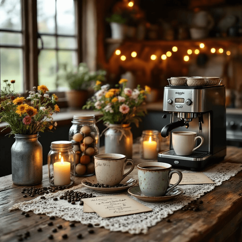 The Ultimate Pod Coffee Machine Guide: Which One Actually Lives Up to the Hype? A cozy rustic farmhouse kitchen illuminated by candlelight, featuring a De'Longhi Piccolo XS coffee machine on a weathered wooden table with a vintage lace runner. Mason jars filled with colorful coffee pods, mismatched ceramic mugs with steaming coffee, and fresh wildflowers in galvanized containers create a warm atmosphere, enhanced by overhead fairy lights and pillar candles in glass hurricanes.