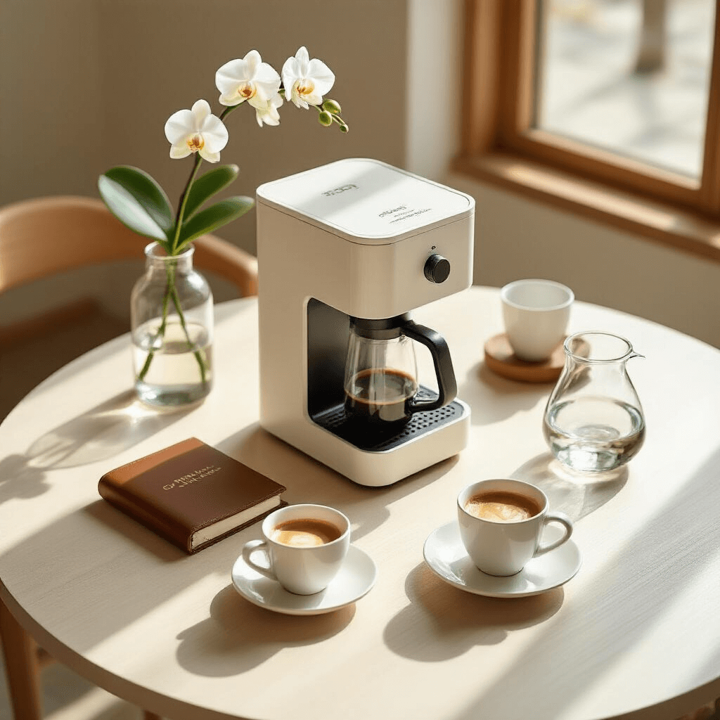 The Ultimate Pod Coffee Machine Guide: Which One Actually Lives Up to the Hype? A minimalist modern dining space in soft morning light, featuring a white oak table with a sleek coffee machine, curated coffee pods, white porcelain cups with golden crema, a leather-bound journal, a geometric glass water pitcher, and a single stem of white orchid, all in a neutral color palette with sage green accents.