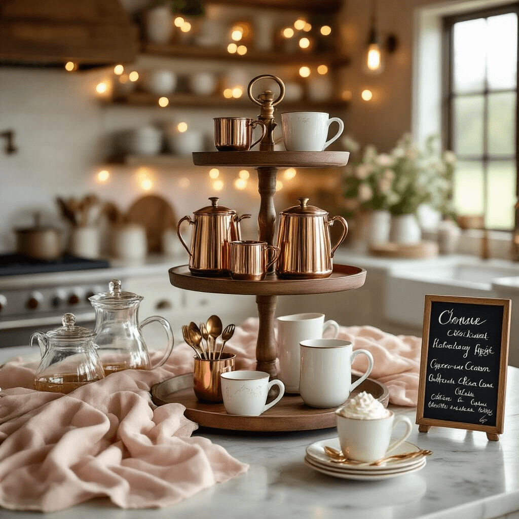How to Create the Perfect Coffee Bar at Home: From Setup to Styling A luxurious coffee bar setup in a modern farmhouse kitchen, featuring a wooden serving stand with copper coffee equipment, vintage glass carafes, artisan mugs, and whipped cream dispensers, all illuminated by warm golden lighting and warm LED string lights.
