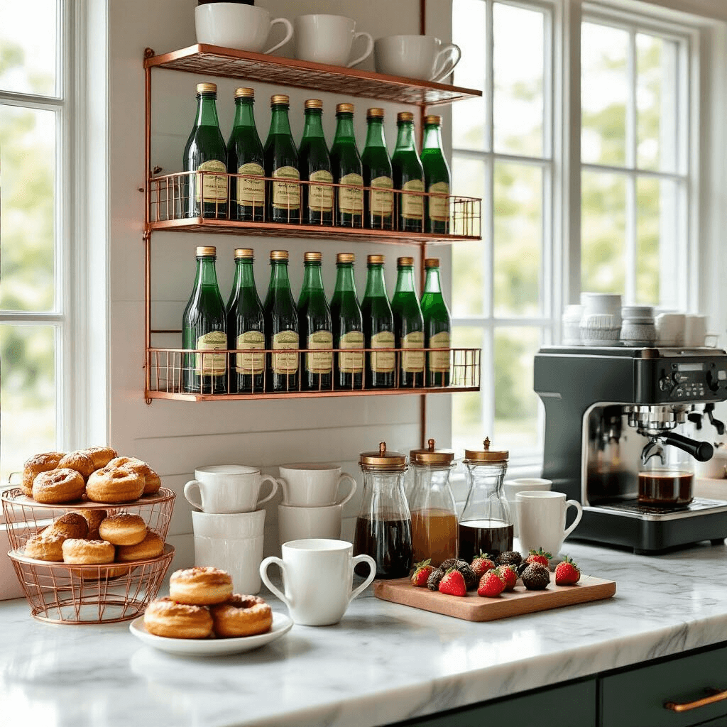 How to Create the Perfect Coffee Bar at Home: From Setup to Styling An elegant coffee customization station featuring a vertical wall-mounted display of emerald green and gold syrup bottles, copper wire baskets filled with pastries, and a marble countertop with ceramic mugs and a professional-grade coffee machine, all bathed in soft morning light.
