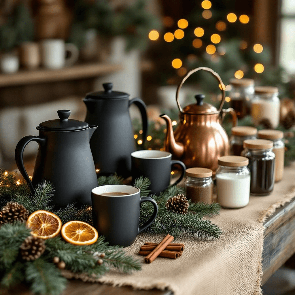 How to Create the Perfect Coffee Bar at Home: From Setup to Styling A cozy holiday coffee bar adorned with a rustic burlap runner, fresh pine garlands, cinnamon stick accents, matte black thermal carafes, gold-rimmed mugs, a vintage copper kettle, fairy lights, dried orange slices, and pinecone garnishes, featuring an organized customization area with glass containers of syrups, creamers, and toppings.