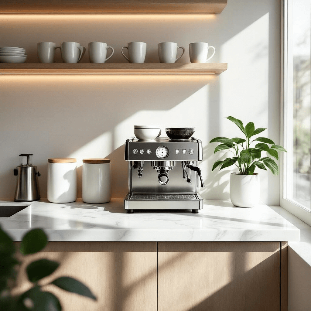 Transform Your Home Into a Coffee Lover's Paradise: The Ultimate Coffee Bar Styling Guide A photorealistic overhead shot of a minimalist coffee bar in a modern kitchen, featuring white marble countertops, a stainless steel espresso machine, and white ceramic canisters, with floating oak shelves holding neutral-toned mugs, a pothos plant, and subtle under-cabinet LED lighting.