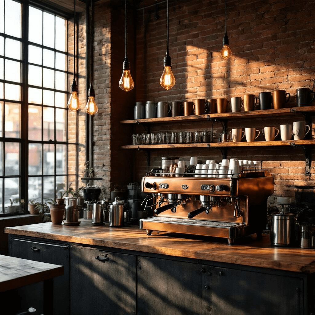 Transform Your Home Into a Coffee Lover's Paradise: The Ultimate Coffee Bar Styling Guide Cinematic wide-angle view of an industrial chic coffee bar in a converted loft, featuring a vintage copper espresso machine, reclaimed wood countertops, and Edison bulb pendant lights casting warm amber light against exposed brick walls.