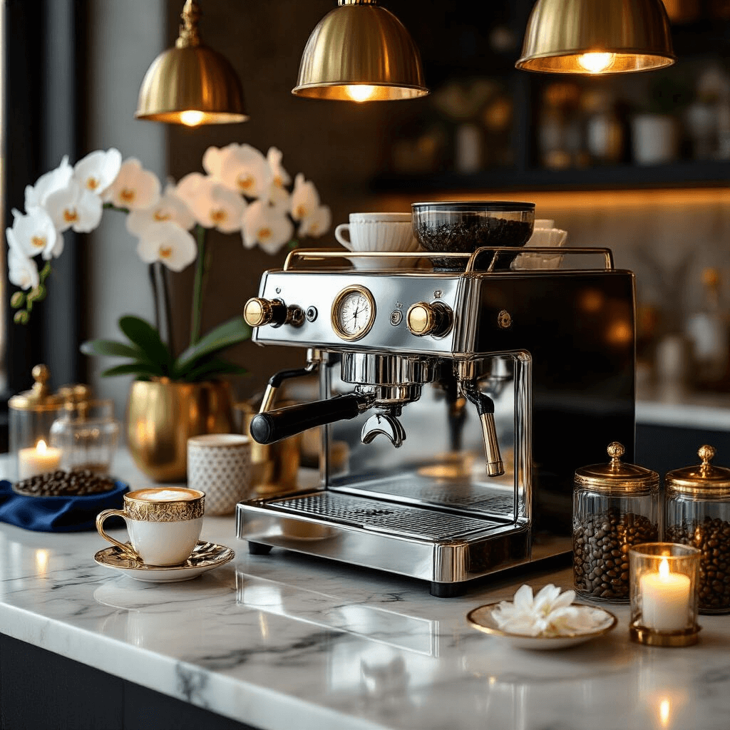 Transform Your Home Into a Coffee Lover's Paradise: The Ultimate Coffee Bar Styling Guide Close-up of a luxurious coffee bar setup featuring a chrome espresso machine with gold accents, marble countertops, and rich metallic accessories, illuminated by warm brass pendant lighting and candlelight.