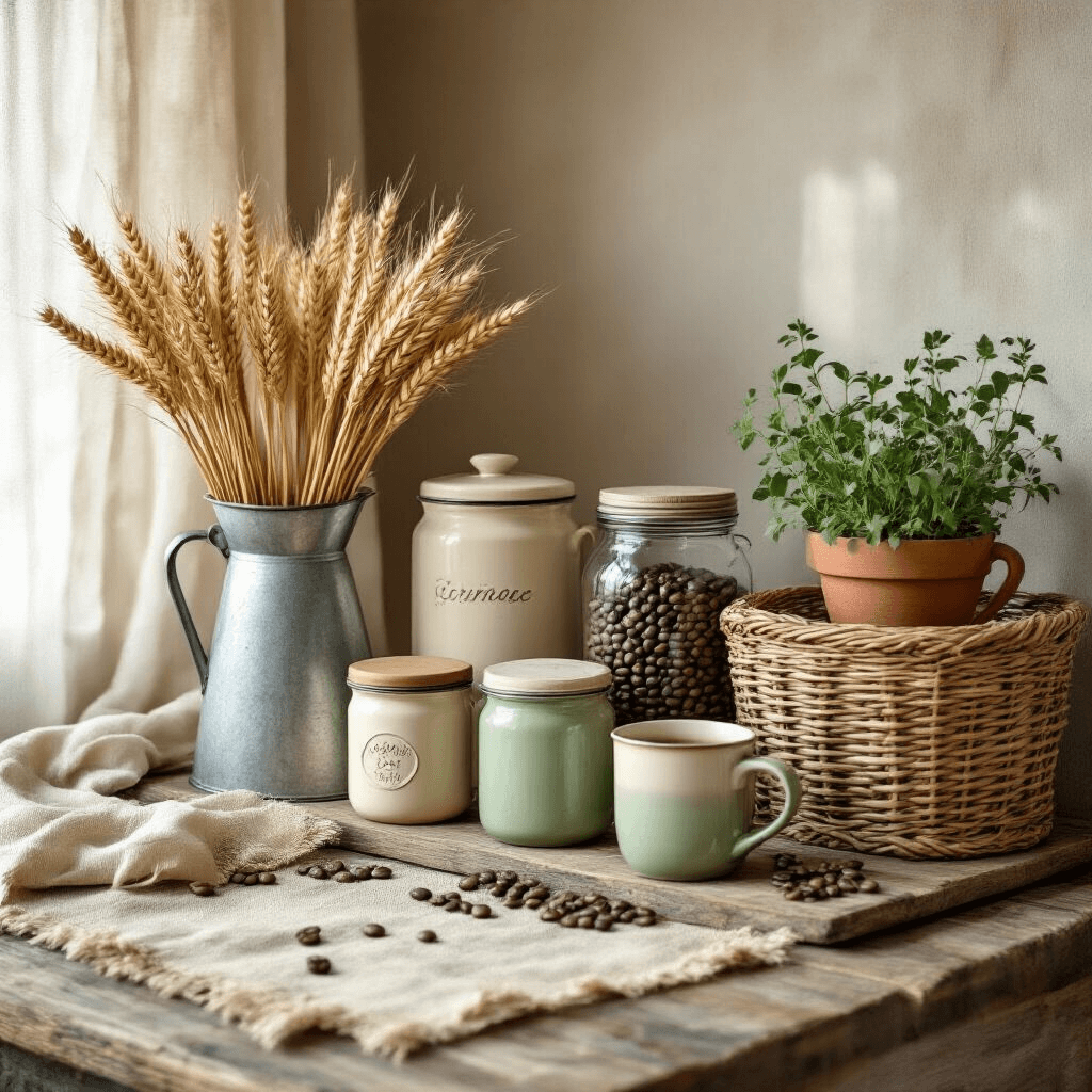 Transform Your Home Into a Coffee Lover's Paradise: The Ultimate Coffee Bar Styling Guide A cozy farmhouse-style coffee bar layout featuring vintage coffee canisters, mason jars with colorful coffee beans, mismatched ceramic mugs, dried wheat in a galvanized pitcher, and fresh herbs in terracotta pots, all set on weathered wood with soft afternoon light.