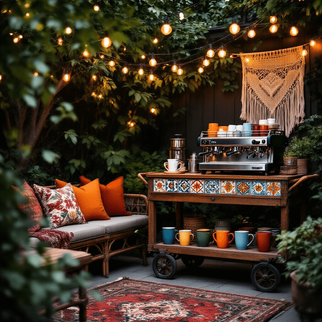 Transform Your Home Into a Coffee Lover's Paradise: The Ultimate Coffee Bar Styling Guide A cozy, eclectic coffee bar corner in a stylish backyard patio, adorned with string lights and dark foliage. Features a vintage wooden cart with a colorful ceramic tile surface, vibrant decor in terracotta, deep green, gold, and burgundy, layered textiles, patterned throw pillows, and a Persian rug. Surrounded by an array of colorful coffee mugs, plants in various pots, and candle-lit hurricane lanterns, creating an inviting atmosphere for outdoor gatherings.