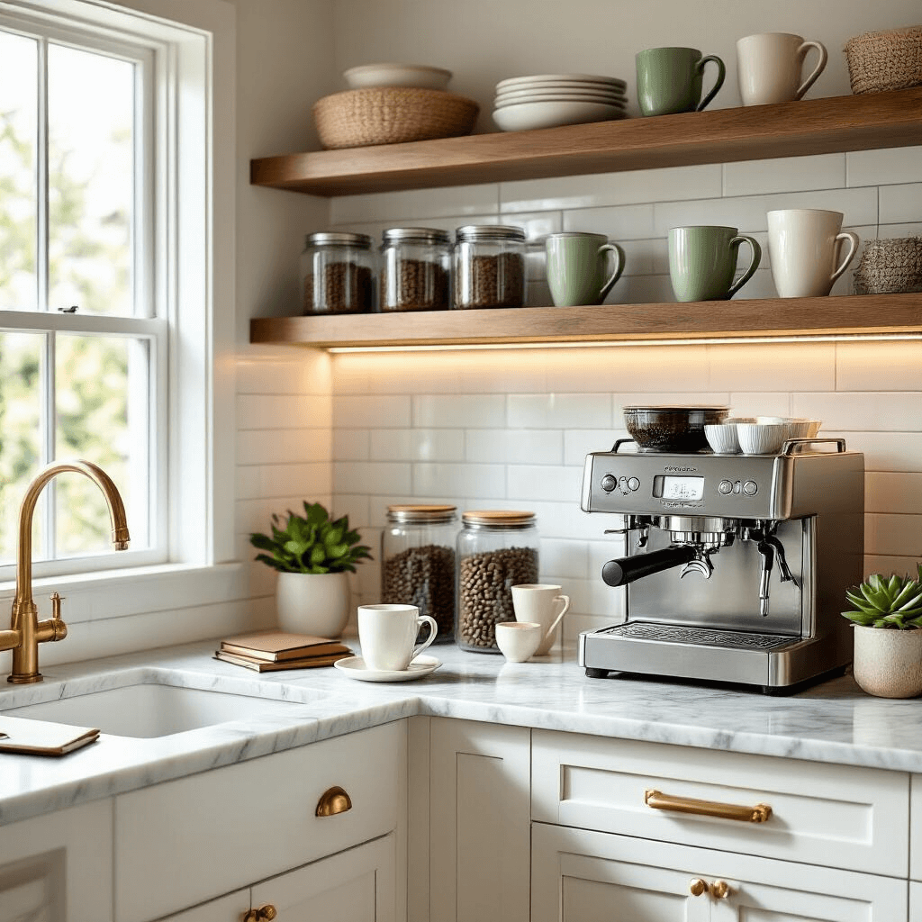 Transform Your Morning Ritual: Creating the Perfect Coffee Nook That Actually Works Elegant modern kitchen coffee nook with white shaker cabinets, brass hardware, Carrara marble countertops, and subway tile backsplash, featuring an espresso machine, glass canisters of coffee beans, and sage green ceramic mugs on walnut shelves, illuminated by soft morning light and under-cabinet LED lighting. A small succulent and a leather-bound coffee journal accompany a steaming white ceramic mug, creating a serene, organized atmosphere.