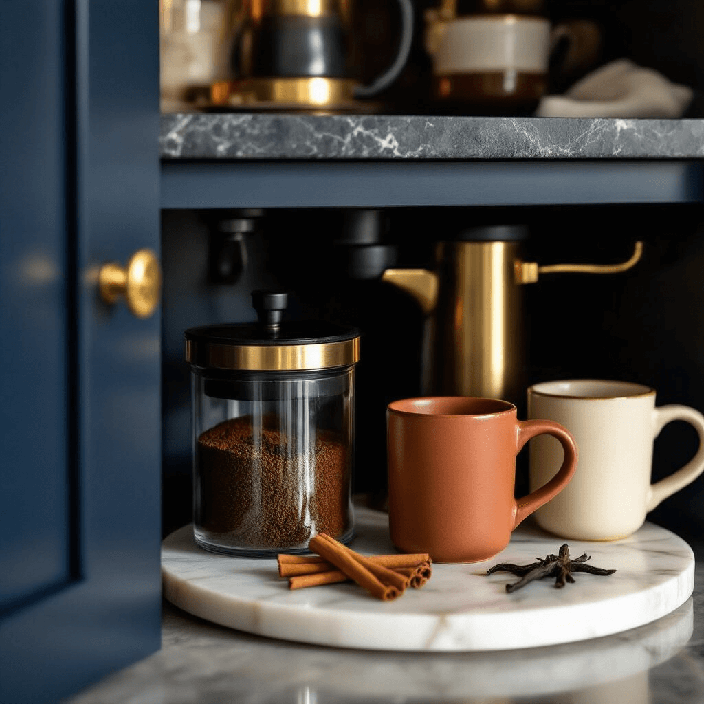 Transform Your Morning Ritual: Creating the Perfect Coffee Nook That Actually Works Close-up detail shot of a luxurious hidden coffee station featuring dark quartz countertops, matte black fixtures, and artisanal ceramic mugs. Golden hour light highlights freshly ground coffee, a polished copper milk frother, brass accents, and a marble lazy Susan with cinnamon sticks and vanilla beans, creating a moody, intimate atmosphere.