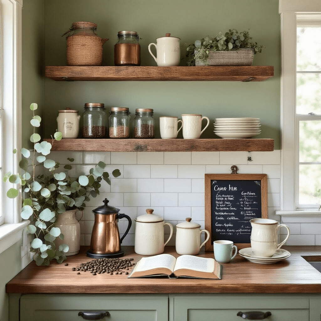 Transform Your Morning Ritual: Creating the Perfect Coffee Nook That Actually Works Overhead flat lay of a charming breakfast nook coffee station with reclaimed barn wood shelves, sage green walls, vintage coffee accessories, fresh eucalyptus, and a cozy, lived-in aesthetic.