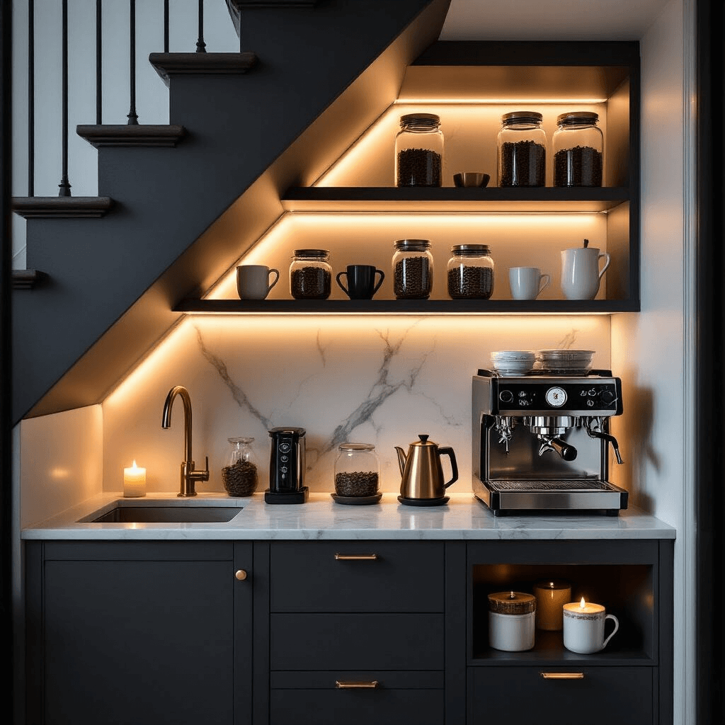 Transform Your Morning Ritual: Creating the Perfect Coffee Nook That Actually Works A sophisticated under-stair coffee sanctuary featuring charcoal gray cabinetry with LED lighting, marble countertops, a small sink, and an array of high-end coffee equipment, all illuminated by candlelight in a cozy, jewel-box setting.