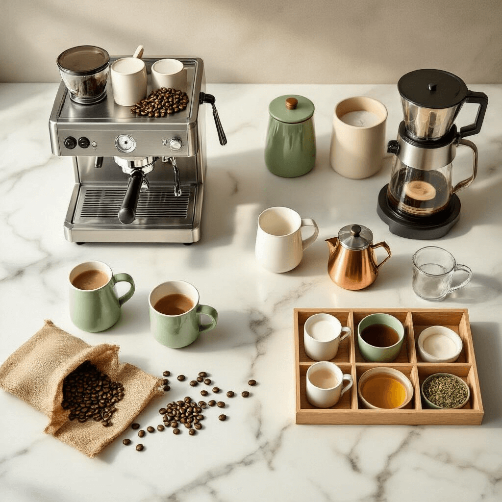 My Office Coffee Bar Journey: From Instant Horror to Workplace Paradise Overhead view of an elegant office coffee bar during golden hour, featuring a stainless steel espresso machine, ceramic containers, fresh coffee beans, various brewing methods, and organized tea selection on a pristine marble countertop.