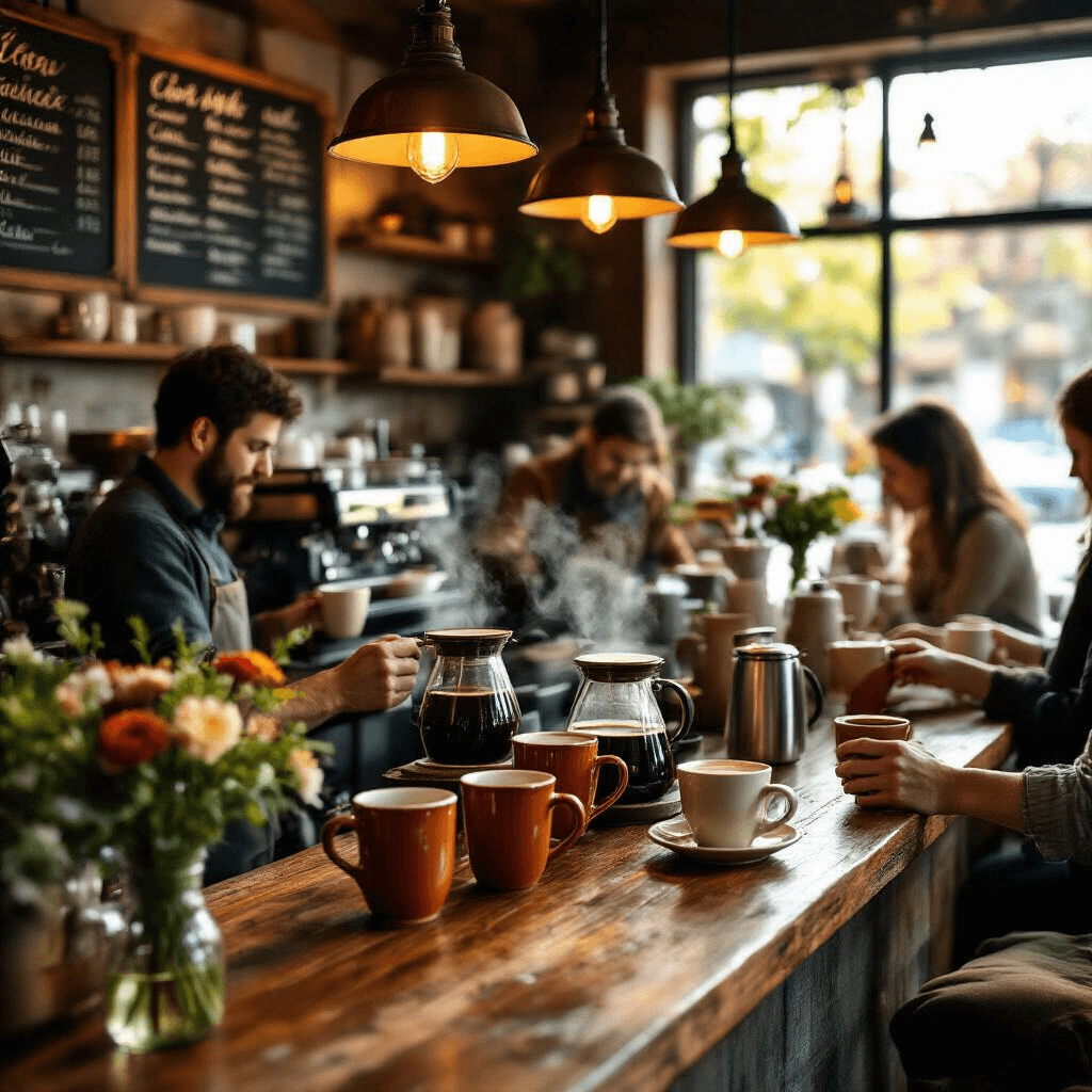 My Office Coffee Bar Journey: From Instant Horror to Workplace Paradise Employees gather around a cozy coffee bar corner, illuminated by warm pendant lighting, as they enjoy diverse beverages in artisanal mugs, with steam rising from glass carafes, set against a backdrop of comfortable seating and a chalkboard menu.