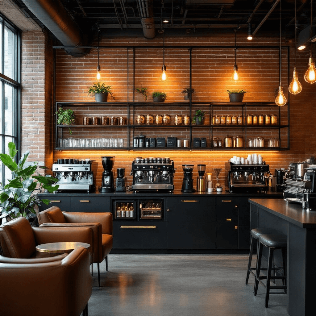 My Office Coffee Bar Journey: From Instant Horror to Workplace Paradise A wide shot of an upscale office coffee bar featuring modern industrial design with exposed brick walls, sleek black countertops, and brass accents, showcasing professional coffee equipment and a cozy lounge area with leather seating and greenery, all under warm ambient lighting.