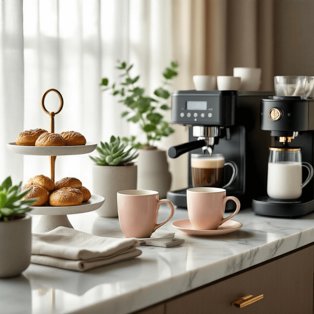 My Office Coffee Bar Journey: From Instant Horror to Workplace Paradise Detail-focused image of a luxury office coffee station featuring polished quartz countertops, brushed gold hardware, matte black equipment, artisanal ceramic mugs, linen napkins, gourmet pastries on marble stands, elegantly labeled milk alternatives, and small succulent arrangements, all illuminated by soft morning light.