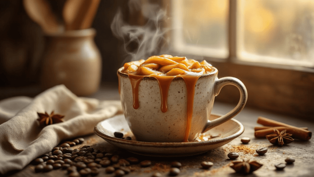 Apple Pie Coffee: Turn Your Morning Brew Into Dessert (Without the Guilt) Cinematic close-up of steaming apple pie coffee in a textured ceramic mug, drizzled with caramel, surrounded by coffee beans and spices, with warm morning light casting a cozy autumn atmosphere.