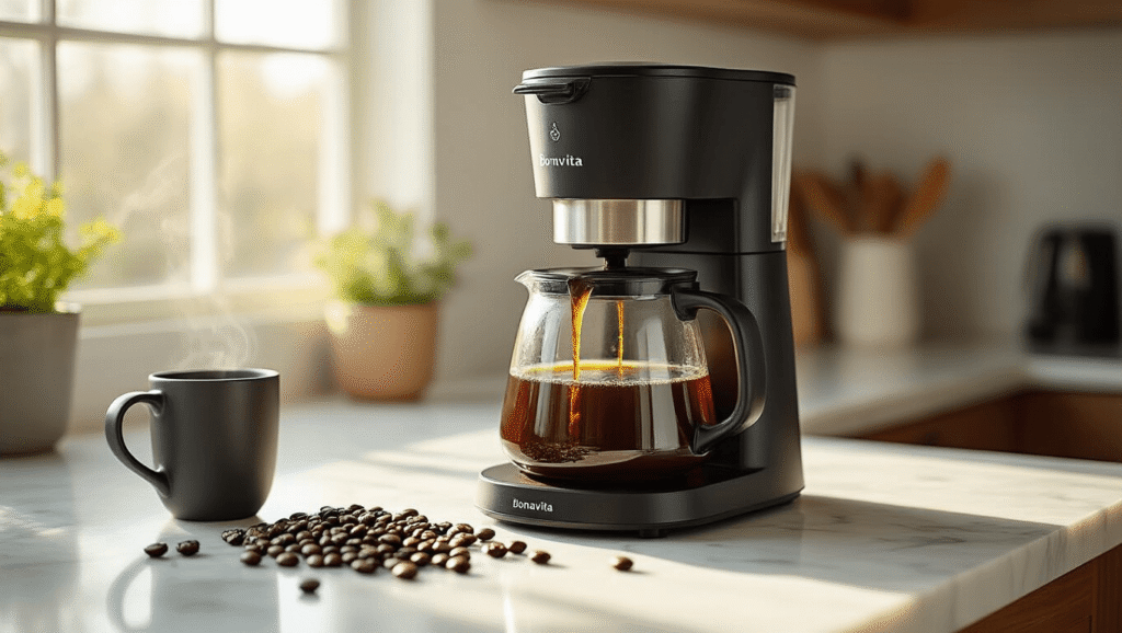 The 5-Cup Coffee Maker Revolution: Why Small Batches Mean Big Flavor Cinematic close-up of a sleek Bonavita 5-cup coffee maker pouring rich golden coffee into a thermal carafe on a white marble counter, surrounded by scattered whole coffee beans and a ceramic mug, with morning sunlight casting warm shadows and steam rising elegantly.