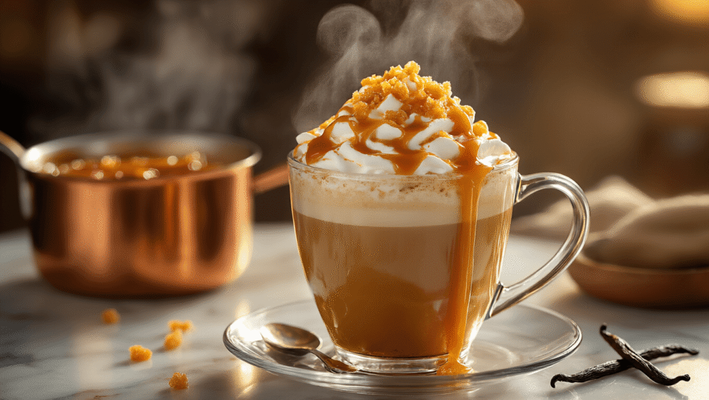 Caramel Brûlée Latte: The Starbucks Copycat Recipe That Actually Works Cinematic close-up of a steaming caramel brûlée latte in a clear glass mug, with amber caramel sauce swirling through espresso and topped with whipped cream and caramelized sugar pieces, set against a clean marble background with warm golden hour lighting and copper cookware.