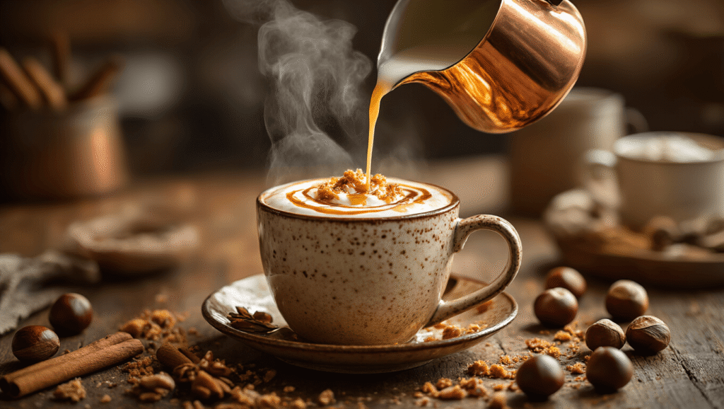 Chestnut Praline Latte: Your Complete Guide to This Nutty, Sweet Holiday Favorite Close-up of a chestnut praline latte in a vintage mug, featuring swirling syrup and microfoam, surrounded by roasted chestnuts, praline crumbs, and warm kitchen lighting on a rustic wooden counter.