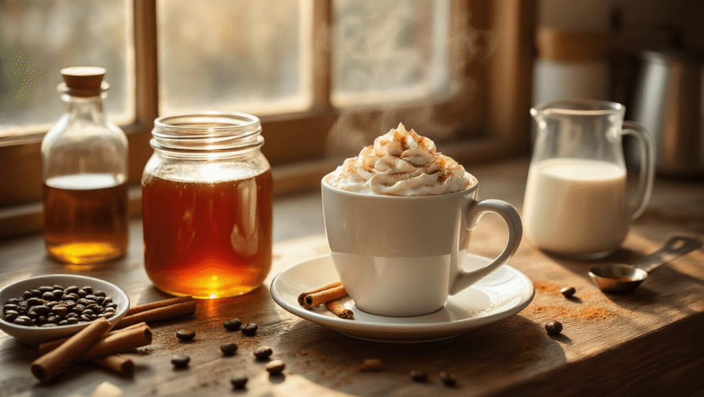 Cinnamon Dolce Latte Recipe: Quick Homemade Coffee Shop Favorite A cinematic overhead view of a white ceramic mug filled with creamy cinnamon dolce latte, topped with whipped cream and cinnamon dust, surrounded by amber cinnamon syrup in a glass jar, scattered cinnamon sticks, coffee beans, and a steaming milk pitcher on a rustic wooden countertop, with golden morning light highlighting the scene.