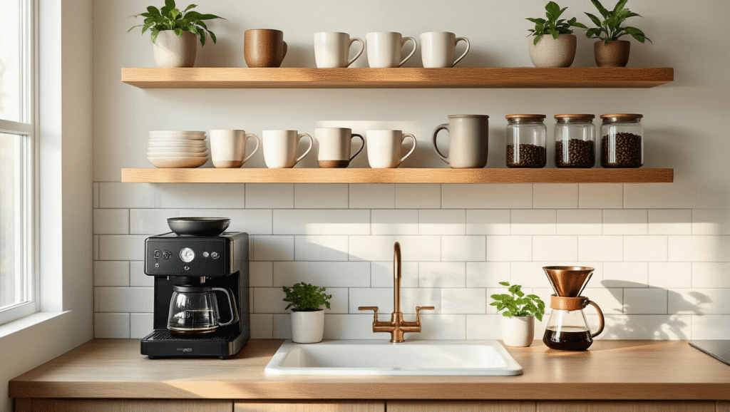 Transform Your Tiny Space Into the Ultimate Coffee Paradise A compact studio apartment coffee bar with floating wooden shelves, featuring a matte black coffee maker, curated ceramic mugs, glass containers of artisan coffee beans, a copper pour-over dripper, and a small potted mint plant, all illuminated by soft morning light.