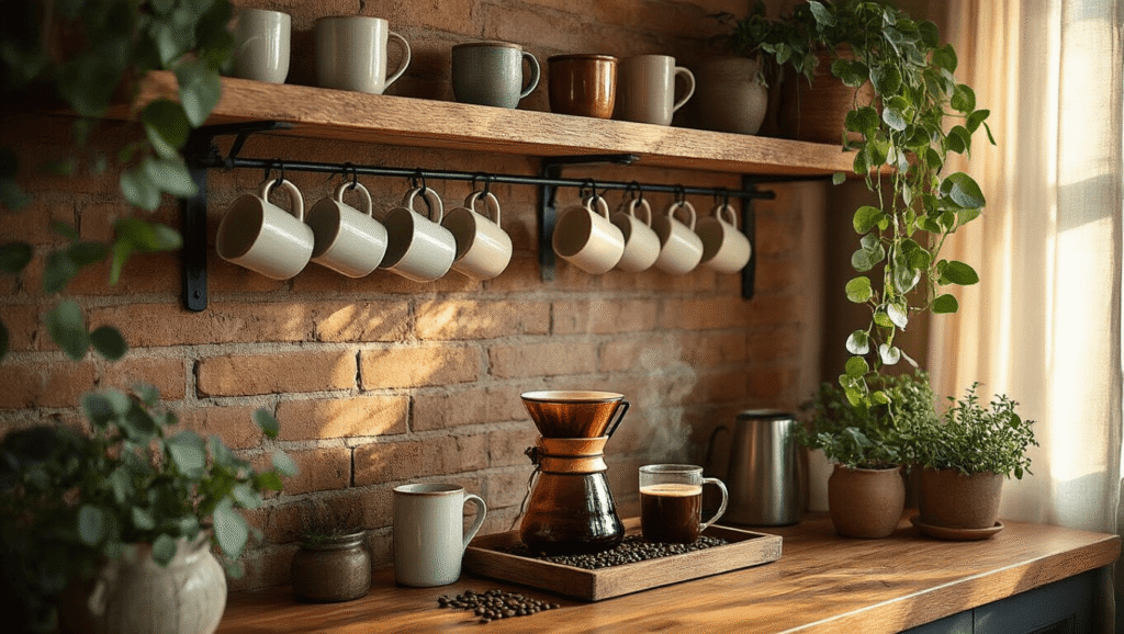 Creating the Perfect Corner Coffee Bar: My Journey from Cluttered Chaos to Morning Bliss A cozy corner coffee bar featuring rustic wooden shelves, hanging ceramic mugs, vintage pour-over equipment, and warm sunlight streaming through curtains, creating an intimate morning atmosphere.
