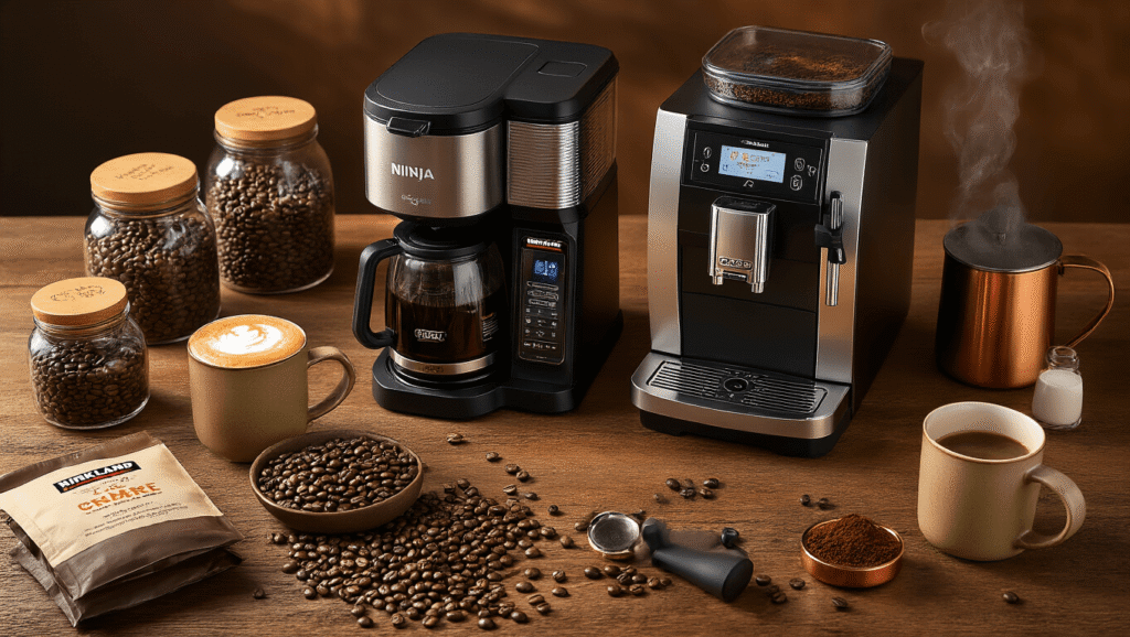 Finding Your Perfect Coffee Maker at Costco: A Complete Guide to Every Brew Style Cinematic overhead view of premium Costco coffee makers on a warm rustic wood surface, featuring a Ninja DualBrew XL and JURA E6 espresso machine, surrounded by whole coffee beans, steaming mugs, copper accessories, and Kirkland Signature coffee bags, all illuminated by golden hour lighting.