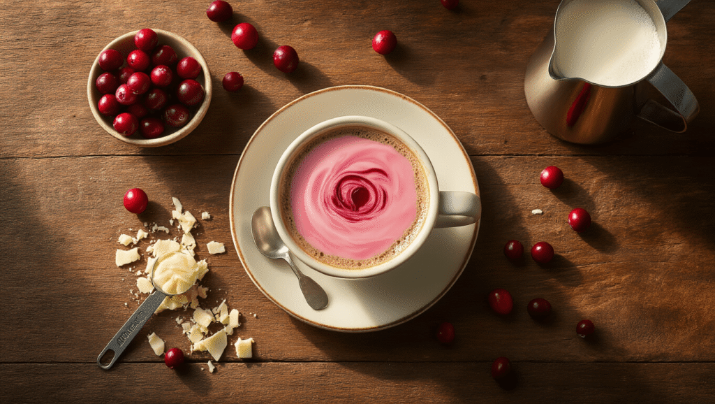 Cranberry Mocha: Your Perfect Holiday Coffee Drink Recipe Cinematic overhead shot of cranberry mocha preparation with rich espresso, pink cranberry syrup, and creamy white chocolate on a rustic wooden countertop, surrounded by fresh cranberries and a frother, illuminated by warm kitchen lighting.
