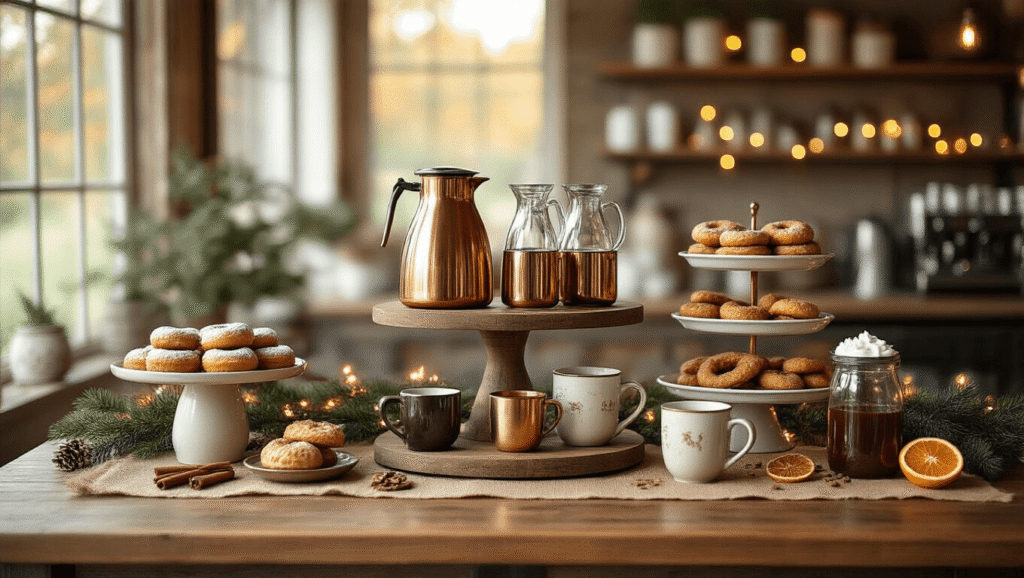 How to Create the Perfect Coffee Bar at Home: From Setup to Styling Cinematic overhead shot of a cozy home coffee bar setup featuring copper thermal carafes, vintage syrup bottles, ceramic mugs with gold accents, tiered stands of cinnamon donuts and biscotti, and warm LED lights, all set on a reclaimed wood surface with decorative elements like cinnamon sticks and dried orange slices.